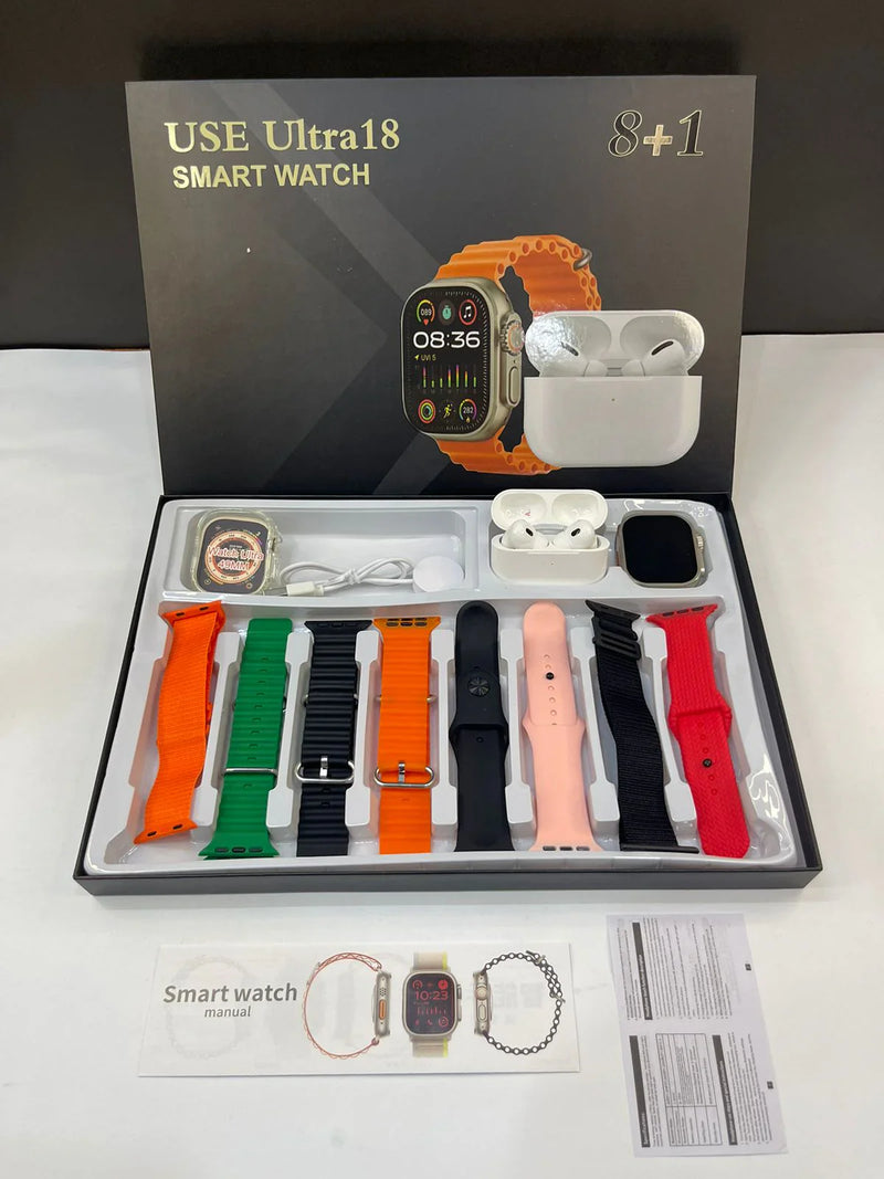 SMARTWATCH ULTRA 18 COMBO +AIRPODS+8 CORREAS+PROTECTOR GRATIS 🎁